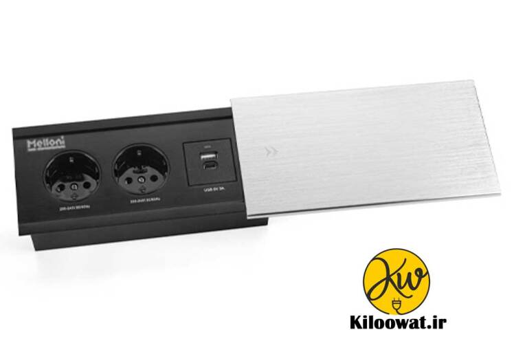 پریز کابینتی ملونی دو پریز برق دو سوکت USB یو اس بی - 10076 - عالی - نقره ای