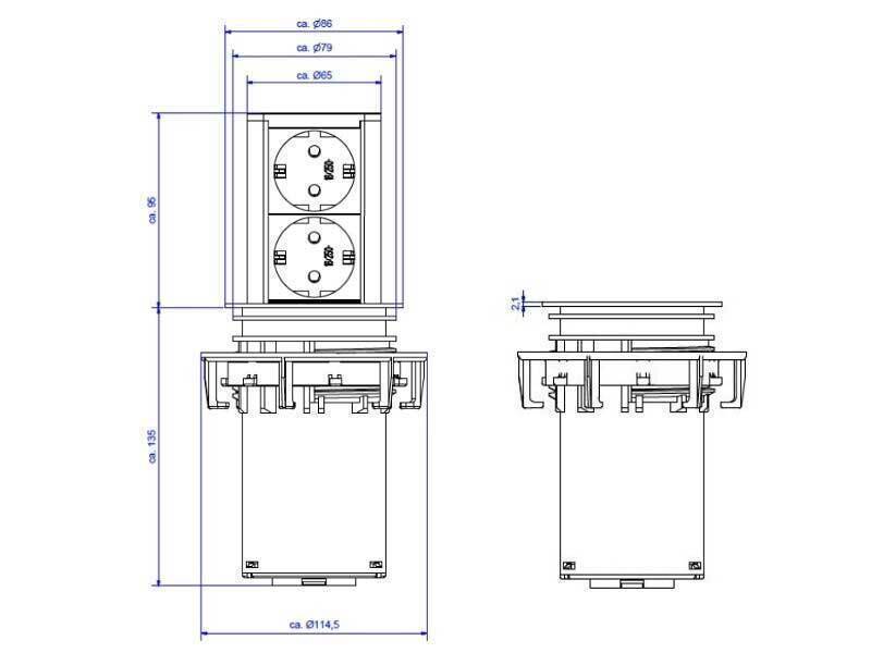  پریز توکار مدل ( ELEVATOR ) آسانسوری - دو سوکت برق - BACHMANN - آلومینیم کیفیت بالا نقشه نصب 